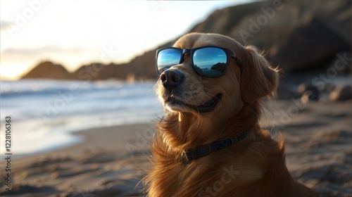 Golden Retriever in Funky Glasses Enjoying a Beach Sunset