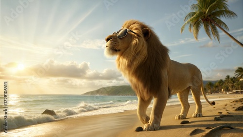Lion in Funky Glasses Walking on a Tropical Beach at Sunset
