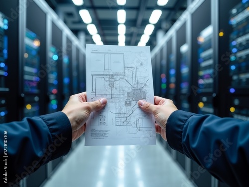 Hands holding a technical blueprint inside a high-tech server room showcasing cables and illuminated equipment