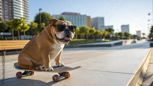 Cool Bulldog in Funky Glasses Sitting on a Skateboard in the City
