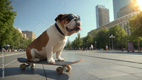 Bulldog in Funky Glasses Riding a Skateboard in the City