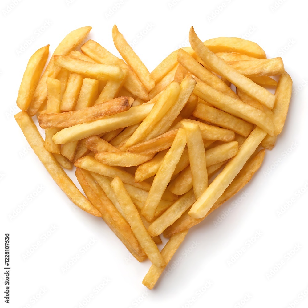 Golden French fries in heart shape isolated on white background Golden French fries in heart shape isolated on white background
