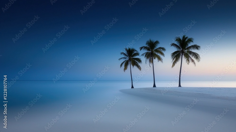 A beautiful beach scene with three palm trees and a calm blue ocean A beautiful beach scene with three palm trees and a calm blue ocean