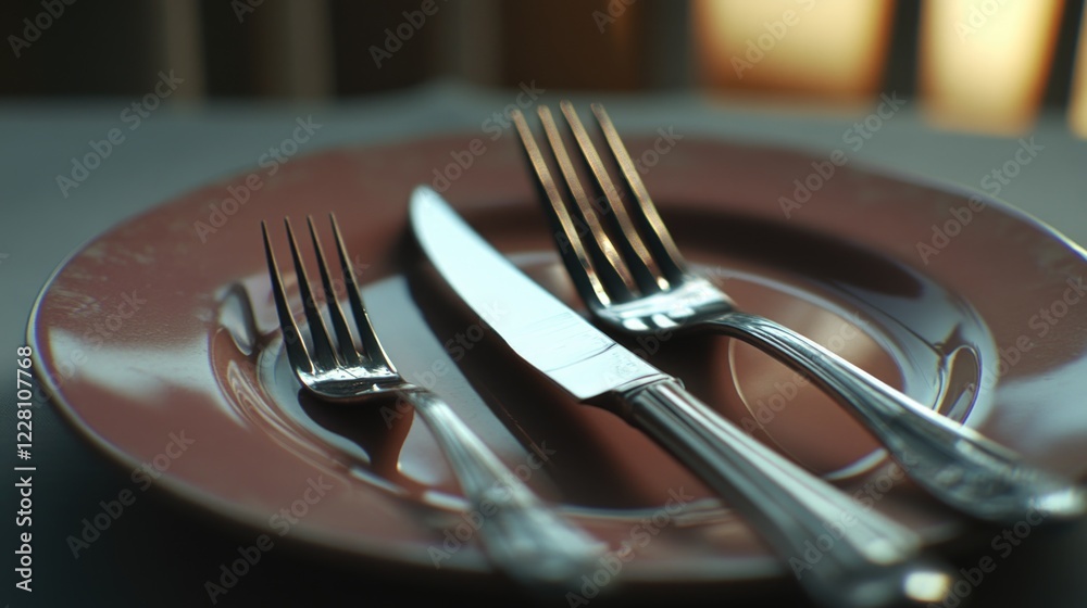 A luxurious, upscale table setting with red and white dinner plates accompanied by matching silverware. A luxurious, upscale table setting with red and white dinner plates accompanied by matching silverware.