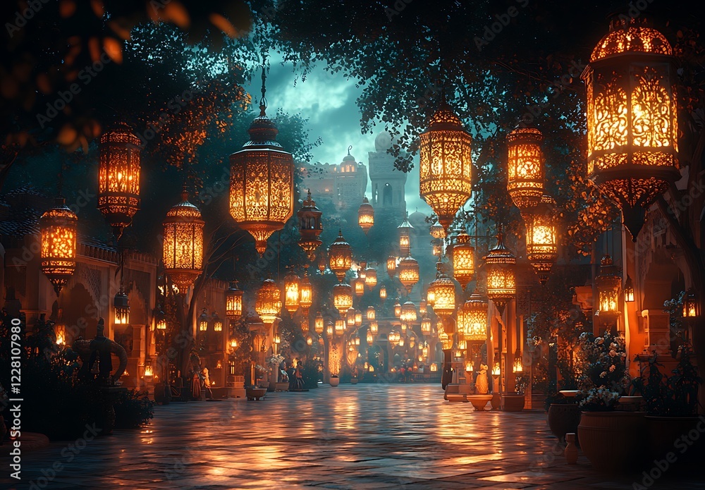 Naklejka premium Enchanting Alley Illuminated by Numerous Hanging Ornate Lanterns at Night