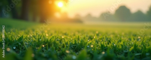 Softly falls morning dew on a serene landscape with a modest ellipse shape in the distance, nature, dawn, gentle