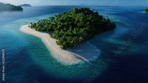 A beautiful island with a beach and palm trees photo