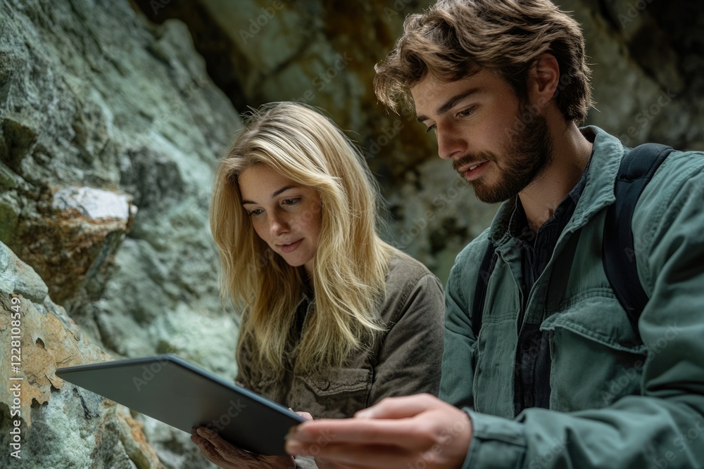 Two geologists examine rock formations in a cave, using a tablet to record their findings and observations. Two geologists examine rock formations in a cave, using a tablet to record their findings and observations.
