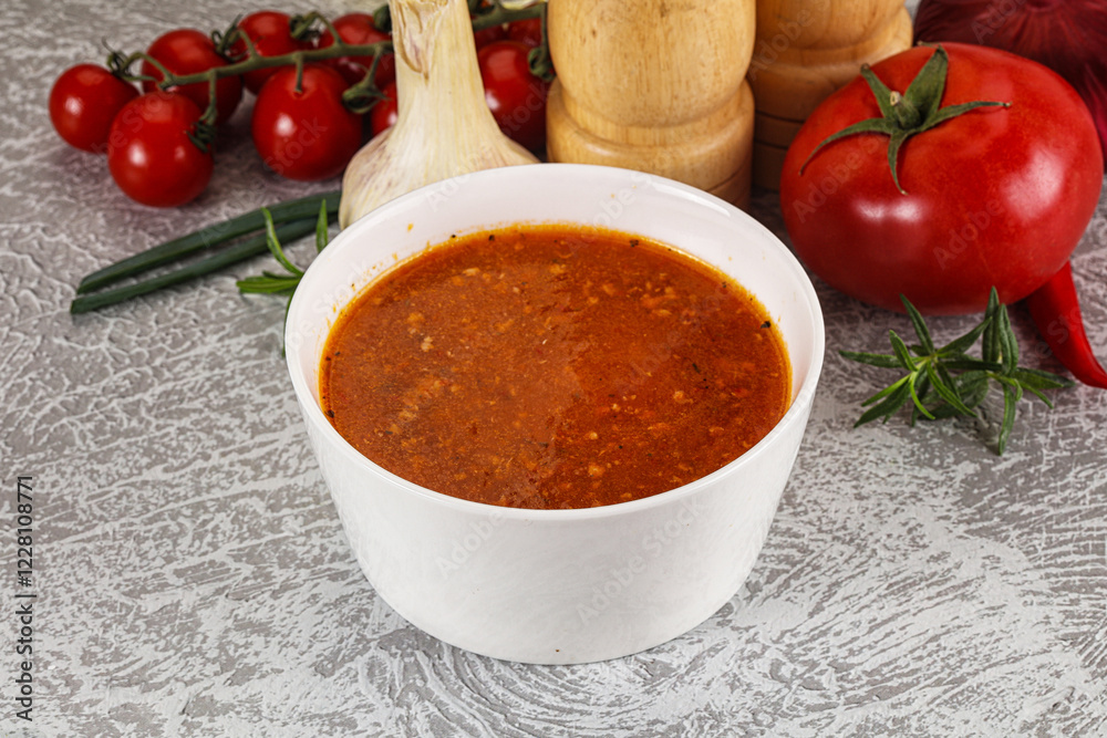 Hot tomato soup with diced chicken Hot tomato soup with diced chicken