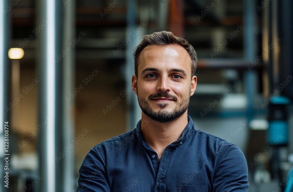 Portrait of a Smiling Confident Young Man Industrial Setting Handsome Male Worker Blue Shirt Professional Businessman Happy Expression Successful Entrepreneur Strong Gaze Serious Demeanor Modern Portrait of a Smiling Confident Young Man Industrial Setting Handsome Male Worker Blue Shirt Professional Businessman Happy Expression Successful Entrepreneur Strong Gaze Serious Demeanor Modern