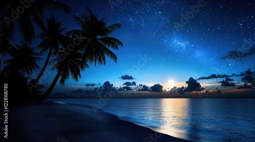 A beautiful beach scene with a palm tree and the ocean