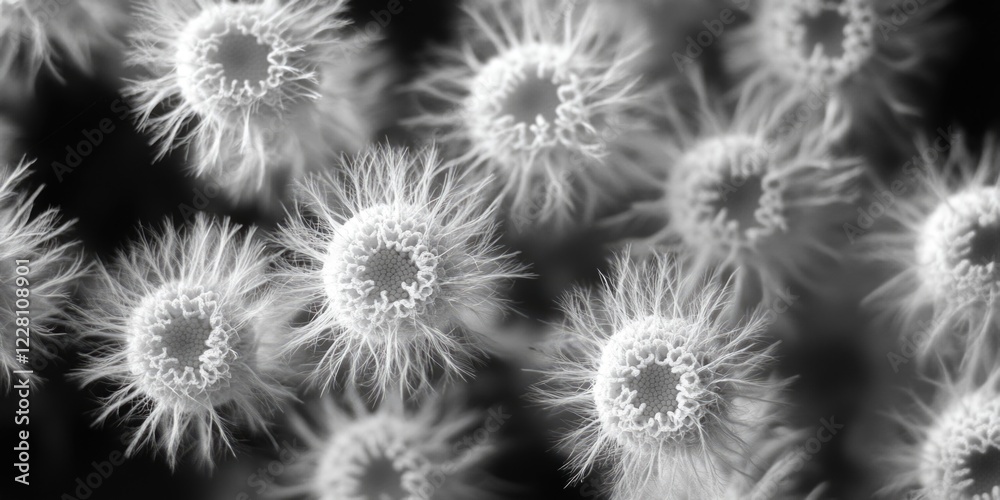 A close up of a bunch of white flowers with a black background. The flowers are all different sizes and shapes, but they all have a similar texture A close up of a bunch of white flowers with a black background. The flowers are all different sizes and shapes, but they all have a similar texture