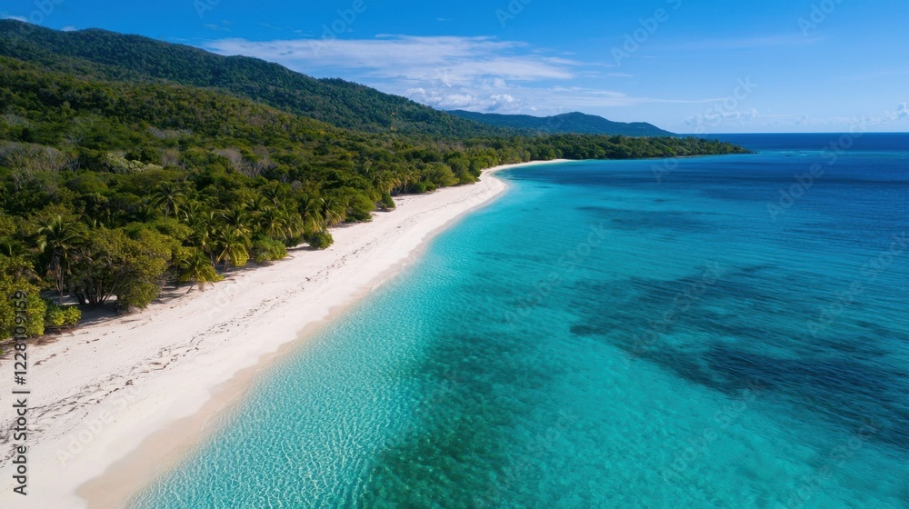 A beautiful beach with a clear blue ocean and palm trees in the background A beautiful beach with a clear blue ocean and palm trees in the background