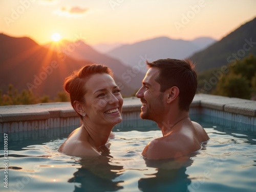 Couple enjoying a romantic sunset in a hot tub on a mountain retreat surrounded by nature and tranquility