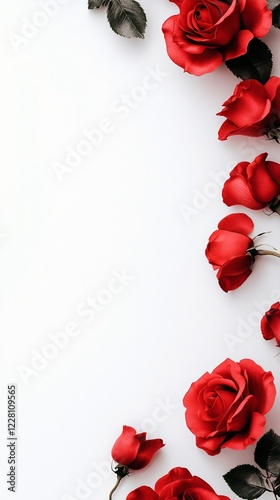 A beautiful arrangement of vibrant red roses against a clean white background, creating an elegant and romantic atmosphere. photo