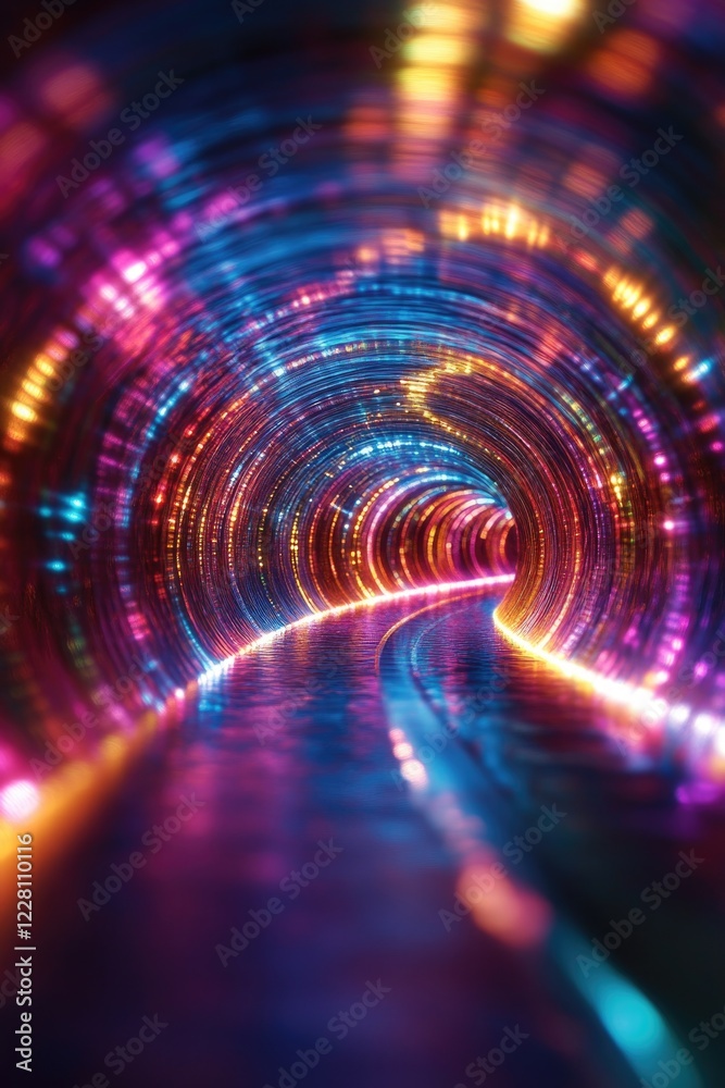 A vibrant tunnel with a long pathway lit by colorful lights. An example of creative photography capturing an optical illusion. A vibrant tunnel with a long pathway lit by colorful lights. An example of creative photography capturing an optical illusion.