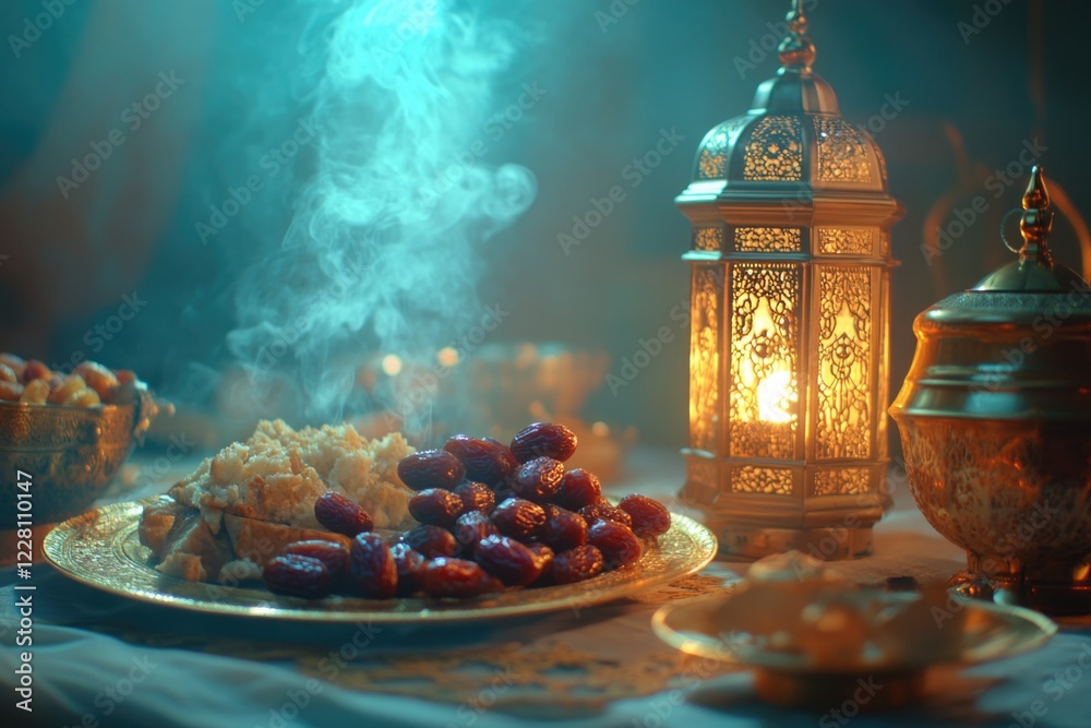 A table with a plate of food and a lantern. The lantern is lit and the food is on a tray. Scene is warm and inviting A table with a plate of food and a lantern. The lantern is lit and the food is on a tray. Scene is warm and inviting