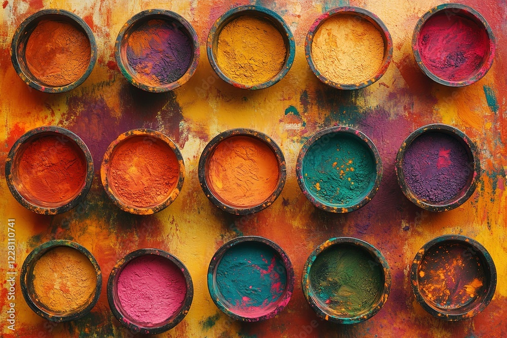 top view of colorful traditional holi powder in bowls isolated on bright background.Space for text . happy holi.Concept Indian color festival called Holi top view of colorful traditional holi powder in bowls isolated on bright background.Space for text . happy holi.Concept Indian color festival called Holi