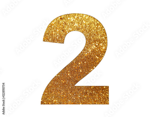Number 2 in gold glitter isolated on a white background, cut out