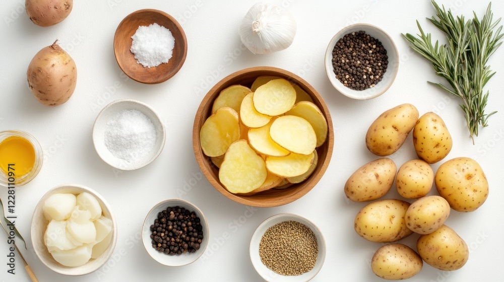 Flat lay of whole and sliced potatoes with herbs and spices on white surface Flat lay of whole and sliced potatoes with herbs and spices on white surface