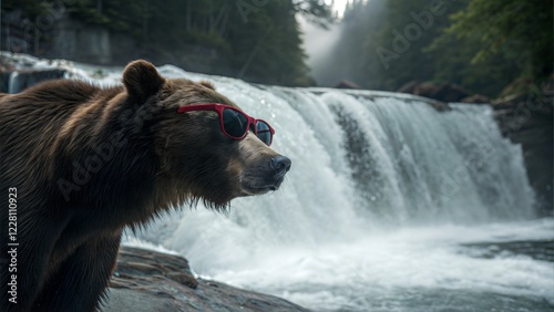 Brown Bear in Funky Glasses Standing Near a Waterfall