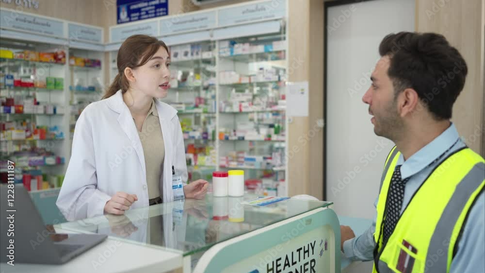 The pharmacist explains the use of medicines to the engineers who come to buy medicine in the pharmacy The pharmacist explains the use of medicines to the engineers who come to buy medicine in the pharmacy