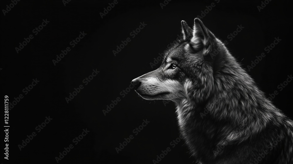 A close-up portrait of a grey wolf, its intense eyes and sleek fur captured in fine detail, with ample space for text or design.