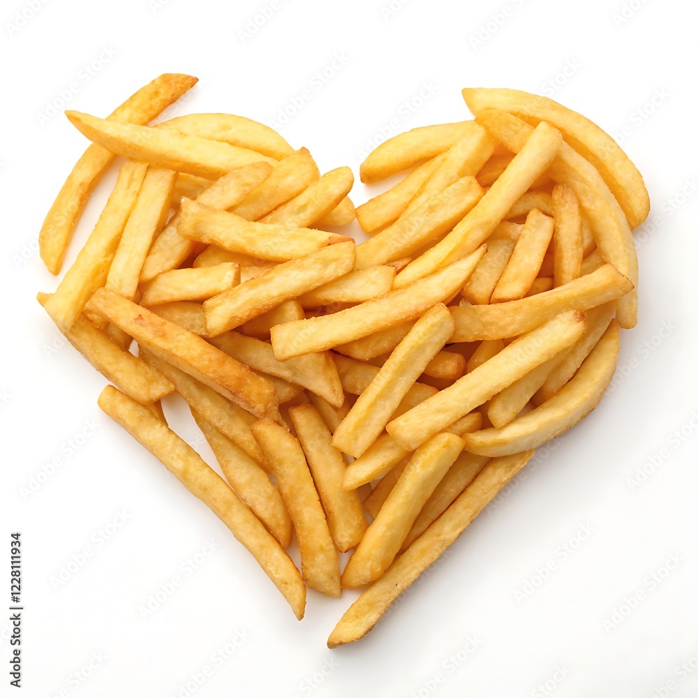 Golden French fries in heart shape isolated on white background Golden French fries in heart shape isolated on white background