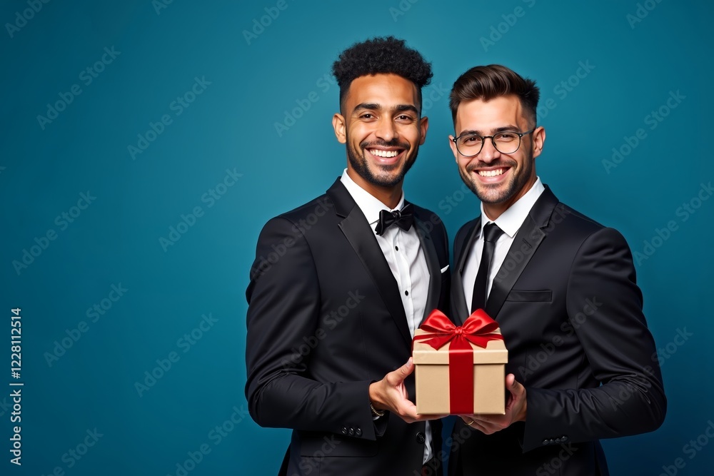 Two men in elegant suits celebrate together with a gift box on a blue background at a joyful event, showcasing friendship and festivity Two men in elegant suits celebrate together with a gift box on a blue background at a joyful event, showcasing friendship and festivity