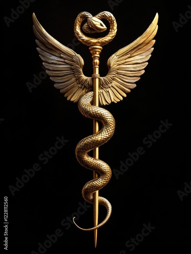 Golden statue of the Rod of Asclepius, symbolizing medicine and healthcare, with eagle wings and snake wrapped around staff.