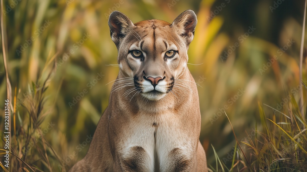 Fototapeta premium A wild panther stares directly into the camera, its powerful gaze and sleek form capturing the untamed strength and beauty of nature.