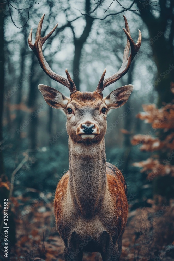 Wildlife photograph of red deer with antlers in foggy forest setting Wildlife photograph of red deer with antlers in foggy forest setting