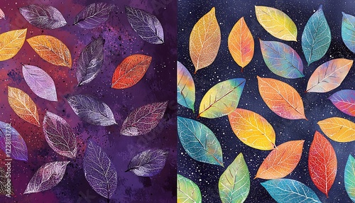 Colorful autumn leaves, vibrant foliage, watercolor texture, geometric patterns, purple and teal background, nature-inspired art, abstract leaf design, contrasting colors, botanical illustration, whim