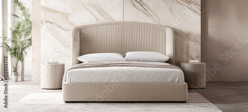 Double bed with upholstered headboard. Upholstered fabric headboard and syntepon filling.