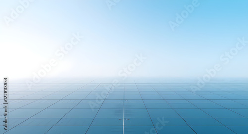 Glass building facade extending into mist, blue tone background, Clear Blue Sky with Minimalist Design