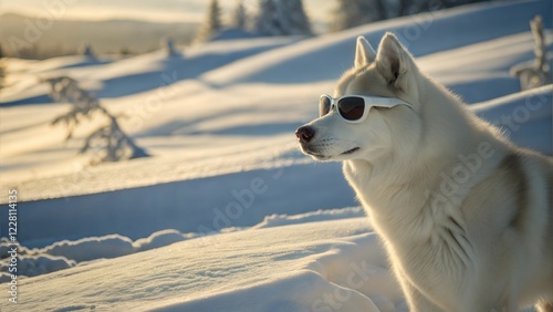White Husky in Funky Glasses Standing in a Snowy Landscape