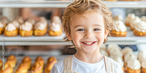 Happy kid and a plate of eclairs in a cafeteria pastry shop.