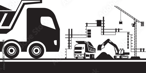 Dump truck on construction site - vector illustration