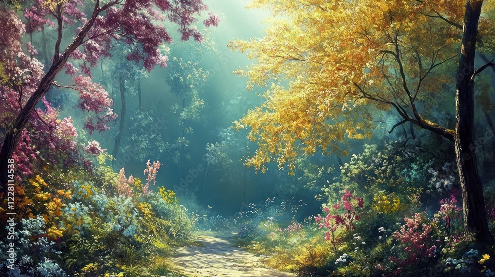 Enchanted Forest Path: A Journey Through Vibrant Blooms and Golden Sunlight