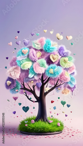tree with colorful hearts, Whimsical Tree Adorned With Heart-Shaped Leaves And Feathers