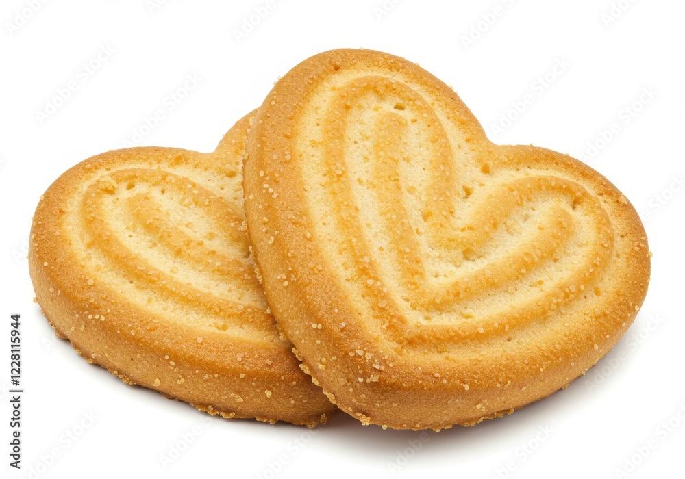 Fototapeta premium Golden brown heart shaped cookies with a crumbly texture isolated on a white background