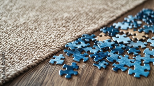 Scene of a puzzle setup. Featuring puzzle pieces, a partially completed puzzle, and a puzzle mat. Highlighting the relaxation of solving puzzles. Ideal for leisure blogs. photo