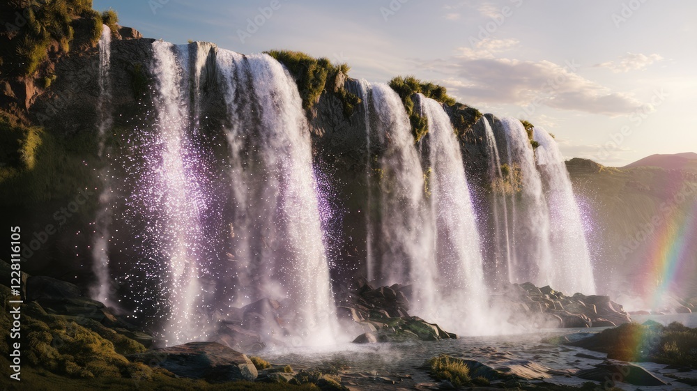 Fototapeta premium Majestic waterfall cascading down a rocky cliff face, illuminated by a soft, ethereal glow.