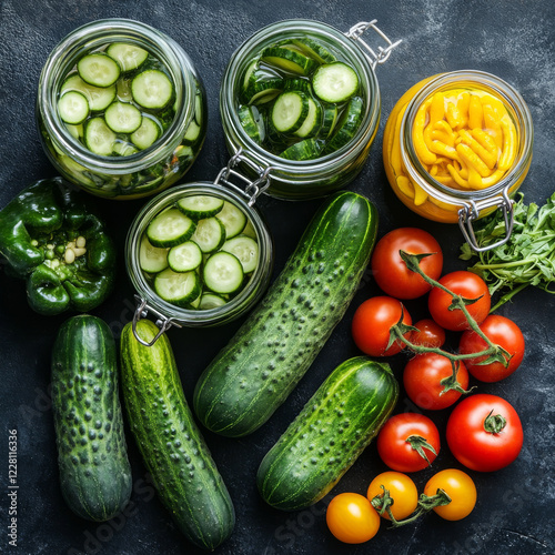 ?ucumber, squash and tomatoes pickling and canning into glass jars. Ingredients for vegetables preserving. Healthy fermented food concept. Top view. Copy space photo