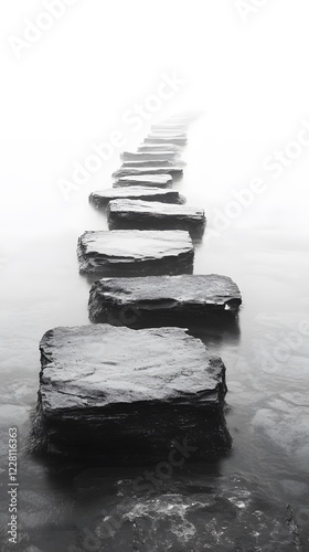 A black and white photograph of multiple large rocks protruding from the water, forming an endless
