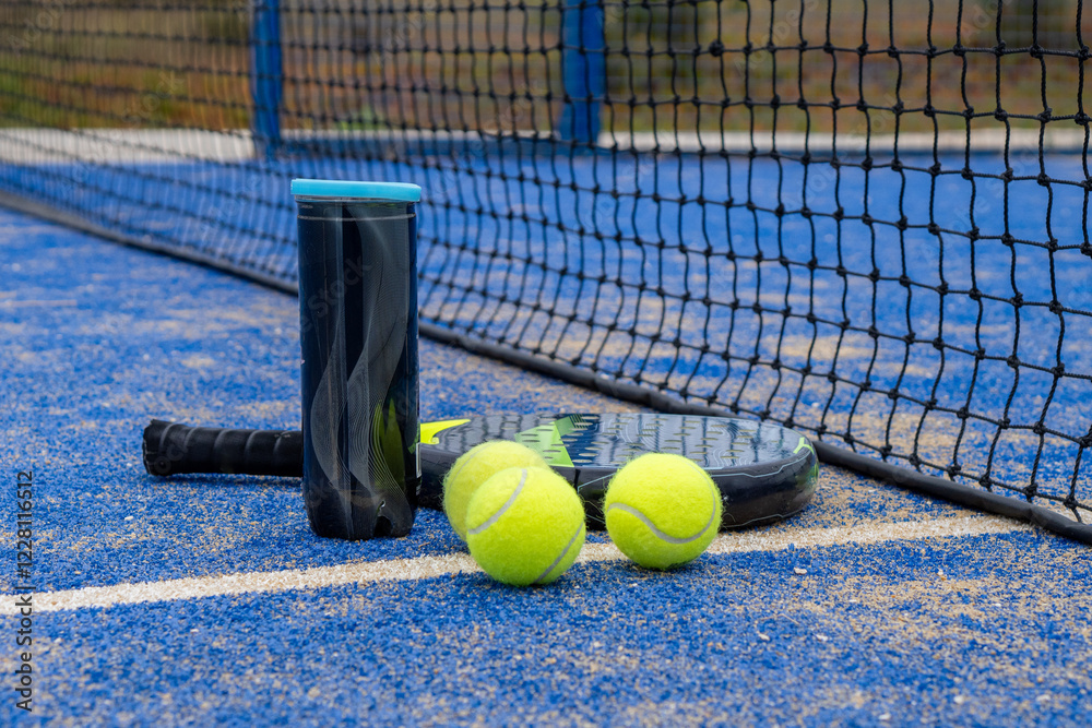 A side angle of a padel racket and balls placed on a bright blue court, capturing the essence of the sport.