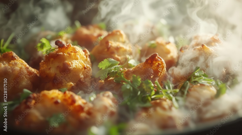 close-up of golden-brown pakoras with crispy texture, garnished with fresh herbs, artistic food photography close-up of golden-brown pakoras with crispy texture, garnished with fresh herbs, artistic food photography