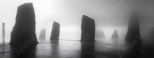 A black and white photograph of multiple large rocks protruding from the water, forming an endless
