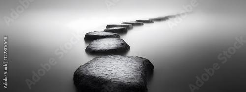 A black and white photograph of multiple large rocks protruding from the water, forming an endless
