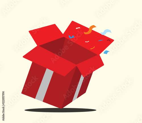 Gift box surprize party vector illustration, open box, cartoon style